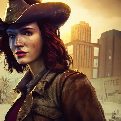 Prompt: fallout 5, charismatic beautiful, rugged, brunette female protagonist wearing a cowboy - hat, portrait, outdoors ruined cityscape, atmospheric lighting, painted, intricate, volumetric lighting, beautiful, daytime, clear weather, winter, sharp focus, deep colours, ultra detailed, by leesha hannigan, ross tran, thierry doizon, kai carpenter, ignacio fernandez rios