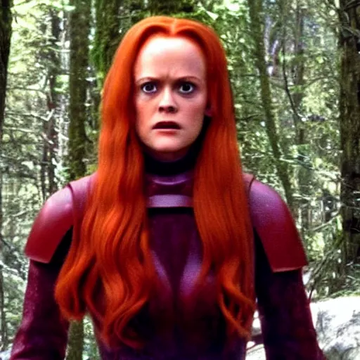 Prompt: close - up movie still of cute redhead alicia silverstone as frustrated sith mara jade on the forested mountain planet wayland in star wars episode vii : heir to the empire