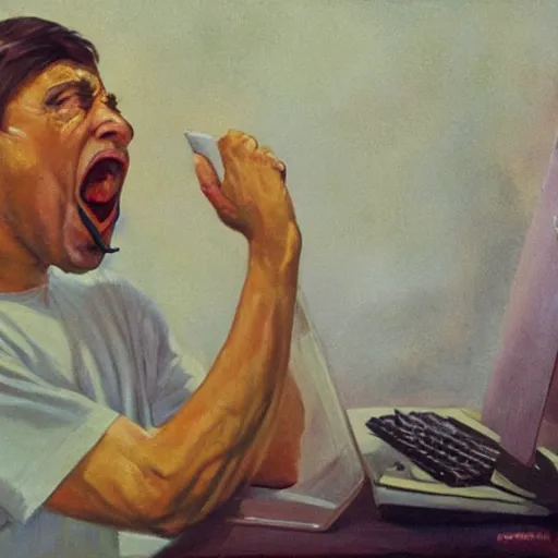 Image similar to an angry man screams at his computer monitor, oil on canvas, 1 9 6 7, highly detailed