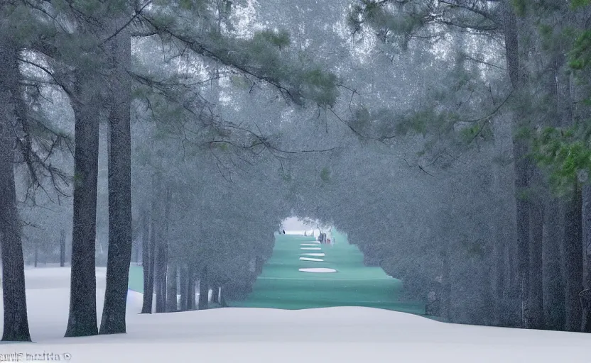 Image similar to augusta national, the masters, nr. 1 2, middle of the winter, completely covered in snow, beautiful ambient light, stunning photography, fog, light rays