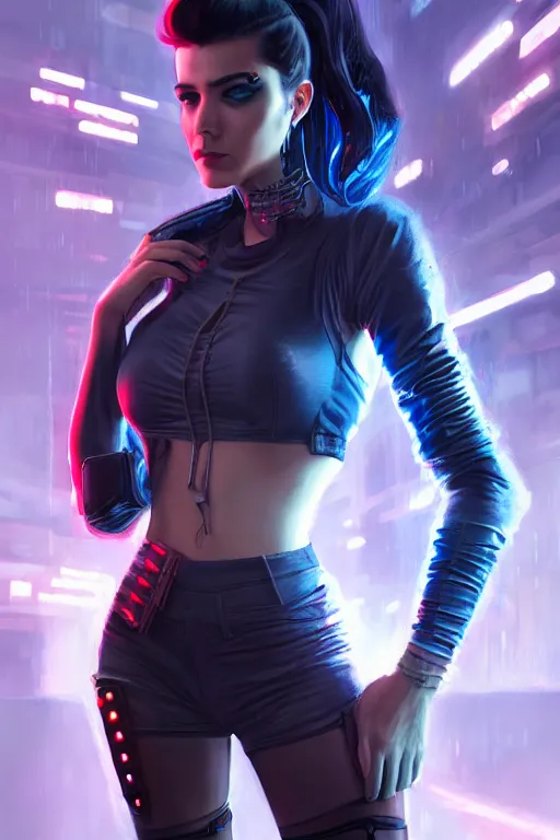 Image similar to full body photo of a gorgeous young woman wearing a cyberpunk outfit in the style of stefan kostic, realistic, sharp focus, 8k high definition, insanely detailed, intricate, elegant, art by stanley lau and artgerm