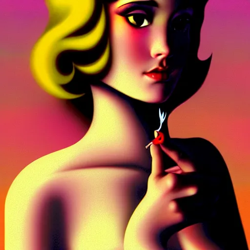 Prompt: a cute female character smoking a joint, psychedelic art,, by greg rutkowski, gil elvgren, earl moran, enoch bolles, glossy skin, pearlescent, anime, maxim magazine, morandi color scheme, art station, by ilya kuvshinov h 6 4 0