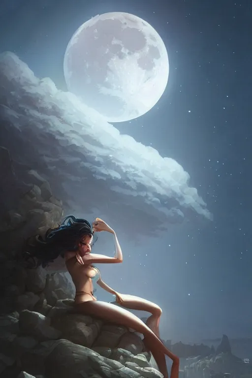 Prompt: The moon with a view of the earth in the background, elegant, digital painting, highly detailed, artstation, concept art, smooth, sharp focus, illustration, art by artgerm and greg rutkowski.