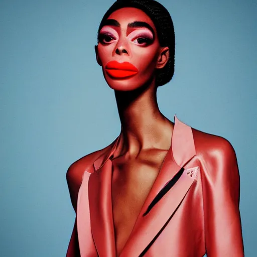 Image similar to realistic photoshooting for a new balenciaga lookbook, vhs colour photography, portrait of model Winnie Harlow woman, in style of Tyler Mitchell, 35mm,