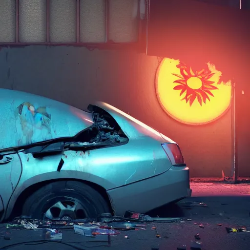 Image similar to car wreckage with ukrainian flag, with graffiti of sunflowers, rusty, volumetric illumination, octane render, cinematic lightning, artstation trending, 8 k