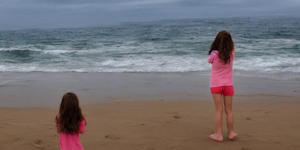 Image similar to girl looking at the ocean waves, superwide angle, zoom out, Leon Bosko style