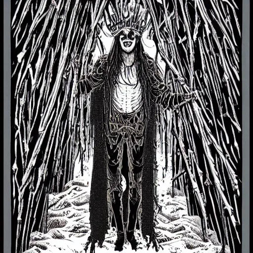 Image similar to Full-body detailed print of man wearing corpse paint and a crown on thorns with long black hair, tears of blood. Wide angle shot at night. Artwork by Junji Ito and dan Mumford
