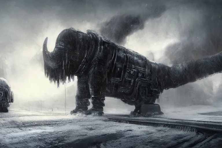 Image similar to an intricate futuristic black steam train and a giant mammoth, post - apocalyptic ice landscape in snowstorm, concept art, artstation, highly detailed, digital art