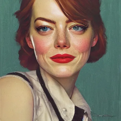 Image similar to Face portrait of Emma Stone\'s clones with various looks. Painting by Norman Rockwell.