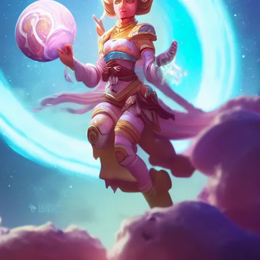 Prompt: a player goddess rolling a planet on finger floating in space, highly detailed, digital painting, artstation, octane render, concept art, matte, sharp focus, hearthstone, illustration