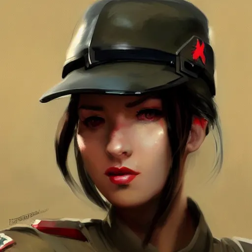 Image similar to portrait of beautiful muscilar girl with plump lips in team fortress 2 style, tragic, military art, concept art, fantasy, hd shot, digital portrait, beautiful, artstation, comic style, by artgerm, guy denning, jakub rozalski, magali villeneuve and charlie bowater