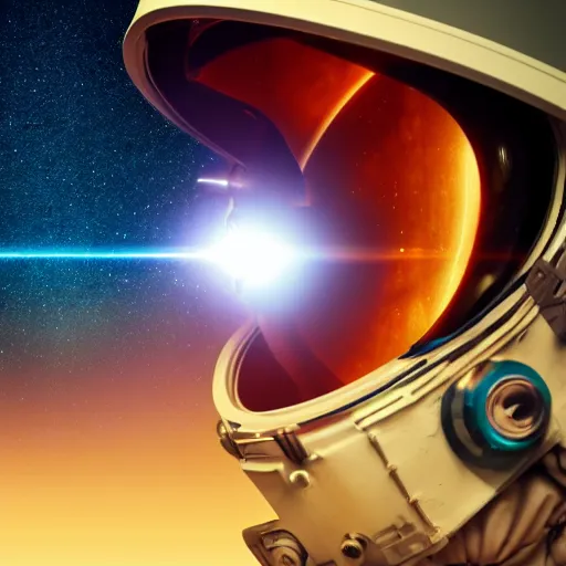 Image similar to photorealistic scene of one cyberpunk astronaut helmet with light reflection looking at space with cosmos background, extremely close shot, 8k, cinematic, epic