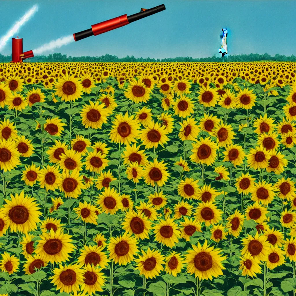 Image similar to A Communist Propaganda Poster of a sunflower field with a large missile in the center of the image.