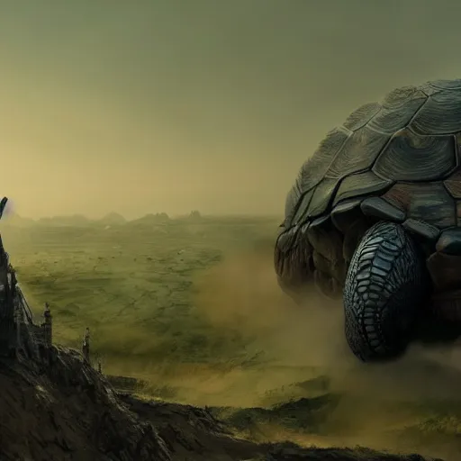 Prompt: gargantuan tortoise with a large fantasy castle armor walking through a sandy wasteland, distant shot centered birds eye view, fantasy, hyper detailed, 4 k, howls moving castle, mortal engines