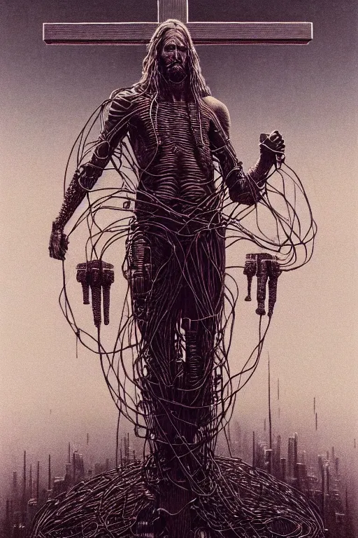 Prompt: full body shot of a cybernetic jesus on the cross, wires, cyberpunk art by beksinski and szukalski and giger and seb mckinnon and dan mumford and wlop and josan gonzalez, digital art, highly detailed, intricate, sharp focus, trending on artstation hq, deviantart, pinterest, unreal engine 5, 4 k uhd image