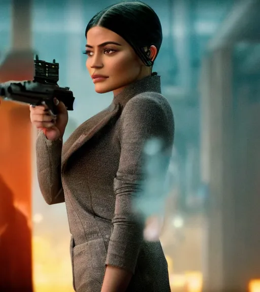 Image similar to a movie still of kylie jenner as joi aiming a gun at ryan gosling in the movie blade runner 2 0 4 9