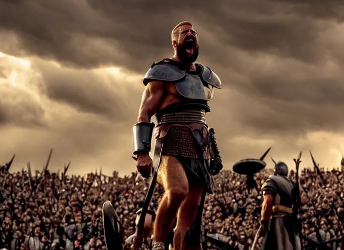 Image similar to cinematic film still of joe biden as leonidas shouting in 3 0 0 movie, 8 k, epic moody sky, dramatic lighting