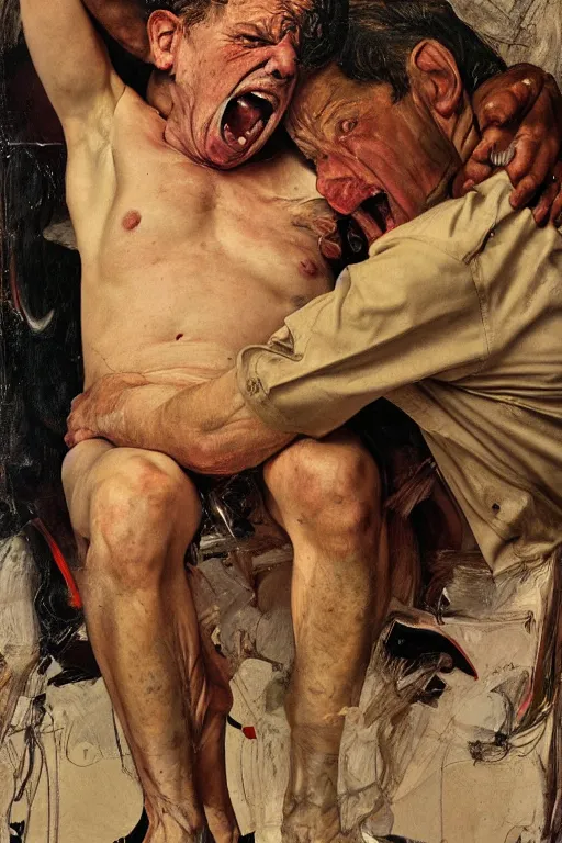 Prompt: portrait of one enraged man, part by Jenny Saville, part by Lucian Freud, part by Norman Rockwell