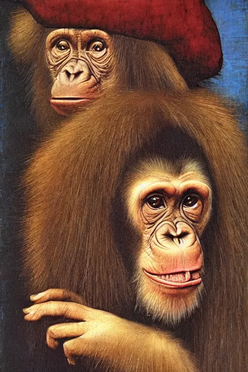 Prompt: portrait of a chimpanzee with a feather hat, oil painting by jan van eyck, northern renaissance style, oil on canvas, wet - on - wet technique, realistic, expressive emotions, detailed textures, illusionistic detail
