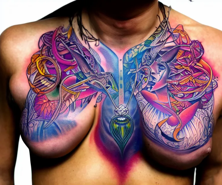 Prompt: closeup photograph of an incredible color chest tattoo in style of Alex grey peter mohrbacher intricate, female model with attractive body, award-winning by rapha lopes, and baris yesilbas, photo taken with dramatic studio lighting by brian ingram