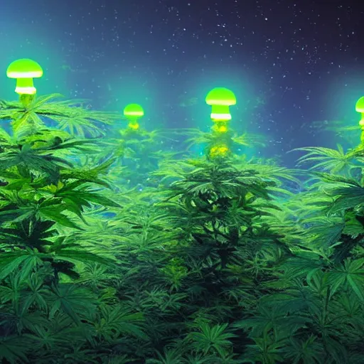 Prompt: a bioluminescence cannabis plant in a mystical high fantasy forest. volumetric light. moonlight. midnight.