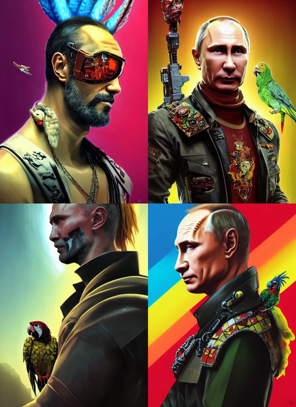 Prompt: portrait of Vladimir Putin, with a mohawk, with a parrot on his shoulder, as a character in arabian Cyberpunk 2077, looking at camera, intricate, dystopian, sci-fi, extremely detailed, digital painting, artstation, concept art, smooth, sharp focus, illustration, intimidating lighting, incredible art by artgerm and greg rutkowski and alphonse mucha and simon stalenhag