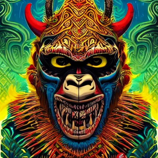 Image similar to barong family member with smiling face, happiness, wiwek, mara demon, one single tribe member, jungle, one single mask, dark, ancient warrior, gorilla, lizard, tribal, inner glow, art by dan mumford and justin gerard