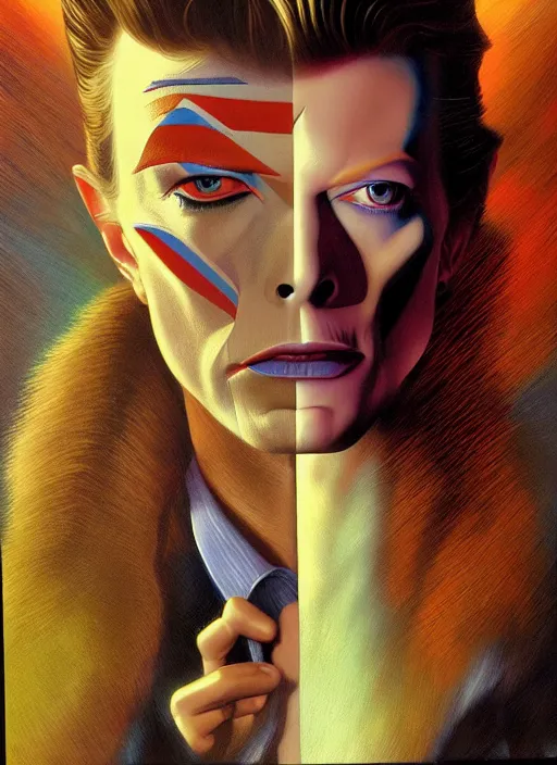 Image similar to twin peaks poster art, portrait of david bowie split half in darkness, by michael whelan, rossetti bouguereau, artgerm, retro, nostalgic, old fashioned