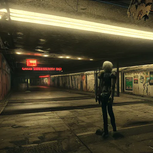 Image similar to silent hill abandoned underground subway homeless filthy horror slum low light sadness lonely. Cyberpunk 2077. CP2077. 3840 x 2160