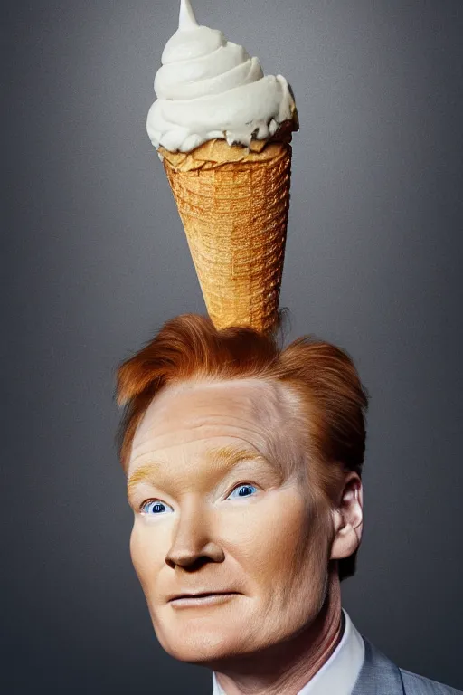 Image similar to 📷 conan o'brien the ice - cream cone 🍦, made of food, head portrait still image, dynamic lighting, 4 k