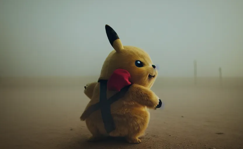 Image similar to cinestill 5 0 d candid photographic portrait by helen levitt of pikachu on a desolate plain, extreme closeup, modern cyberpunk moody emotional cinematic, dust storm, 8 k, hd, high resolution, 3 5 mm, f / 3 2, ultra realistic faces, detective pikachu