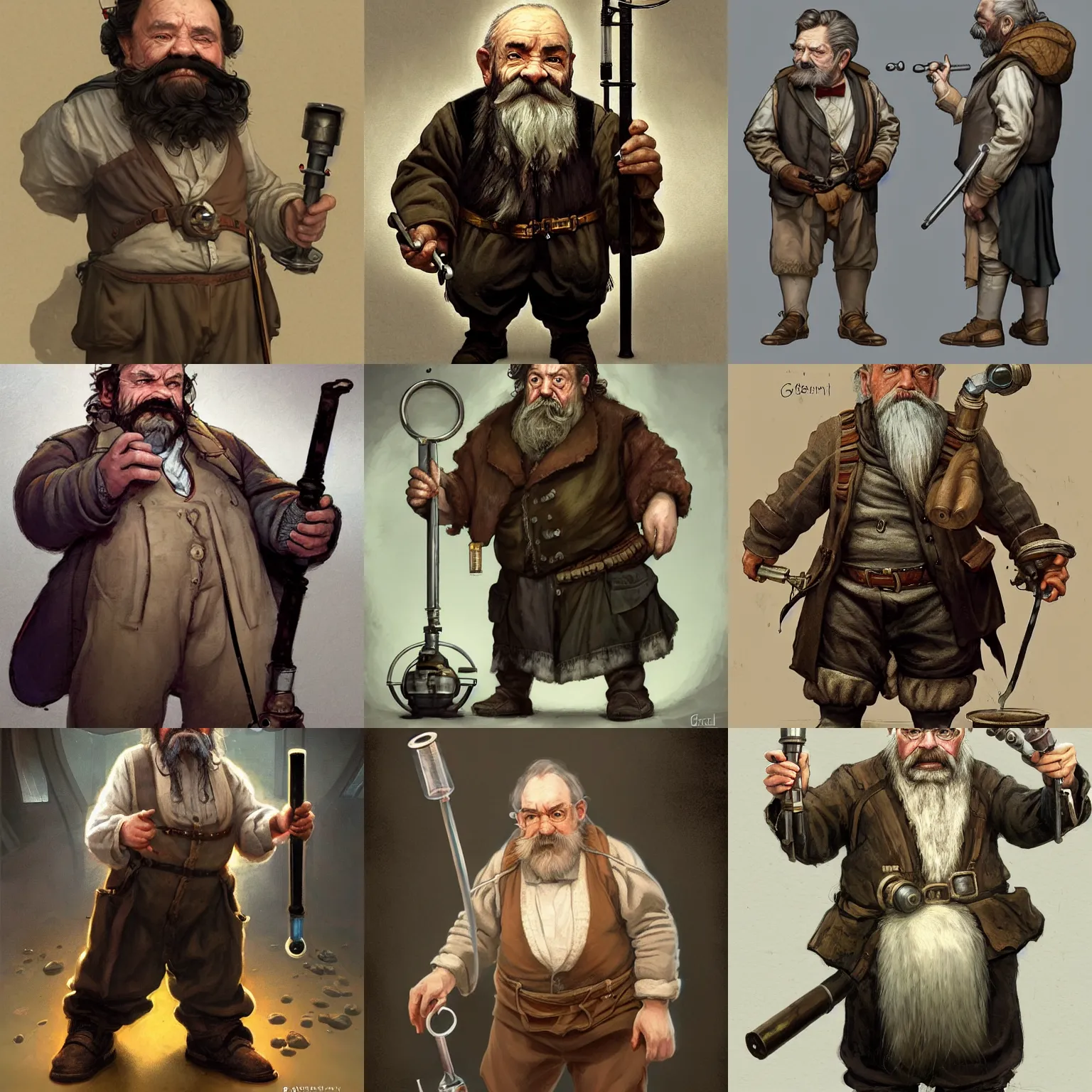 Prompt: dwarf scientist of 1 9 century, oldman with mustach, smuggler, with big test tube in hands half - life style, character sheet, full body, highly detailed, digital painting, artstation, concept art, smooth, sharp focus, illustration, artstation, art by giger and greg rutkowski and hikari shimoda and edmund blair leighton and charlie bowater