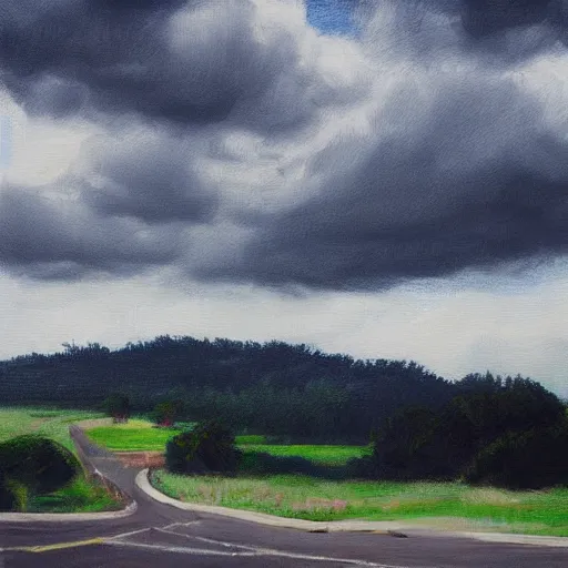 Image similar to “small town cloudy sky realistic panting”