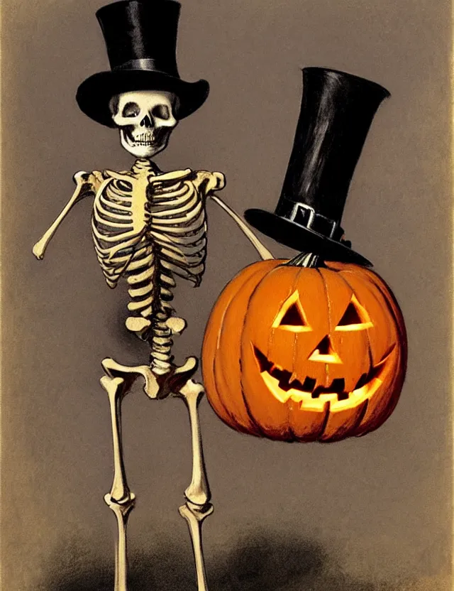 Prompt: a skeleton with a top hat, holding a jack - o - lantern, as a matte oil painting and d & d character art, by gustave caillebotte, standing, fullbody, flying bats, loose pages, concept art, award - winning, extremely detailed, sharp focus
