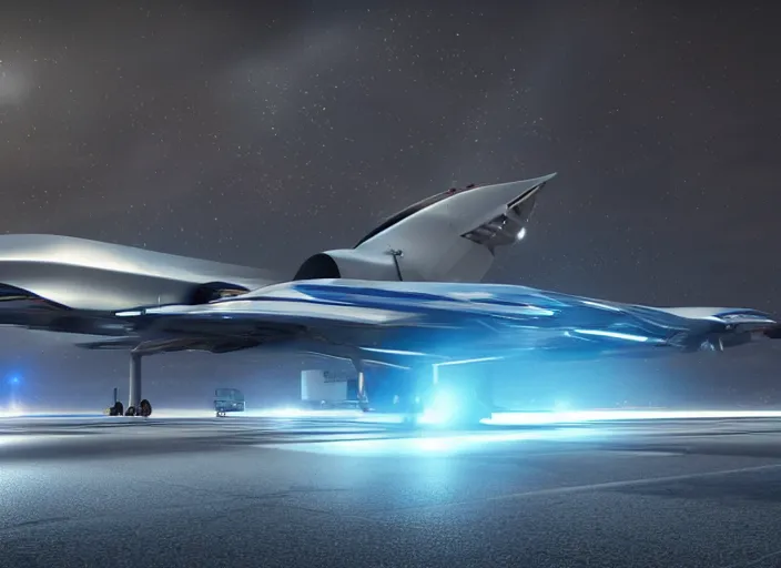 Image similar to futuristic sci fi jet plane arrives at runway of cyberpunk airport at night ,cinematic lighting, realistic photo , concept art