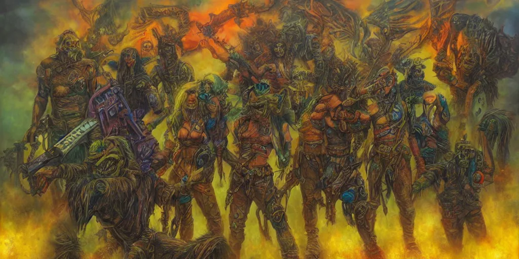 Image similar to members of a psychedelic post apocalyptic orcish biker gang, sharp focus, psychedelic colors, boris vallejo, michael whelan, 8 k, epic scifi fantasy art