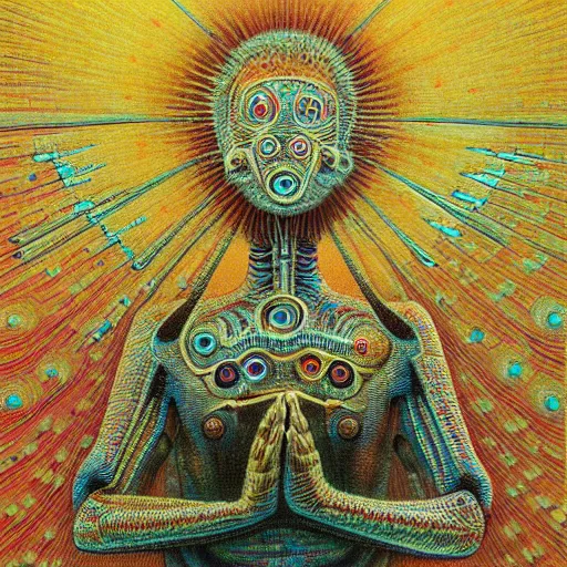 Prompt: 8k ultrarealistic transparent full body insectoid cyborg dmt entity with microbial eyes as body geometric pattern in the hand giving a merkabah to sitting meditating third eye activated human soulful colors beksinski sci fi cyberpunk steampunk hyperrealistic ernst haeckel dark grim