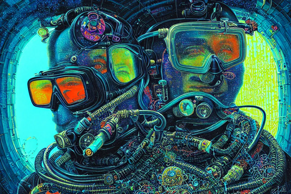 Prompt: detailed portrait of a cyberpunk scuba diver inside a dmt portal by james r eads and tomasz alen kopera