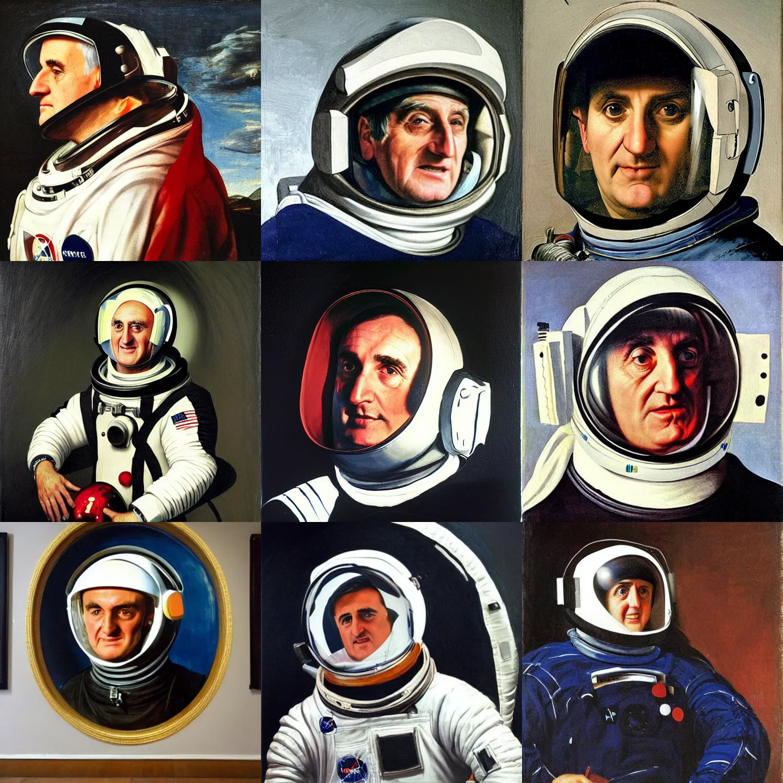 Image similar to Bertie Ahern wearing an astronaut helmet, painted by Caravaggio