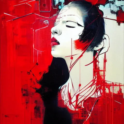 Prompt: portrait of a daydreaming melancholic latin woman in red habit being progressively rasterized into pixels from another world, she is surrounded by digital birds and a giant loving neon mecha robot is besides her, oil on canvas by yoji shinkawa, esao andrews, dave mckean and stina persson