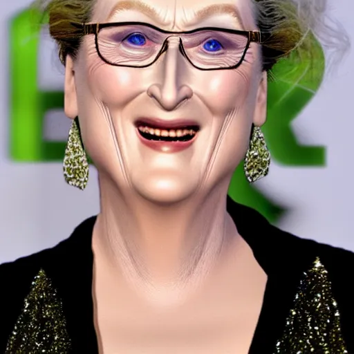 Image similar to meryl streep and shrek hybrid, realistic photography, high detail