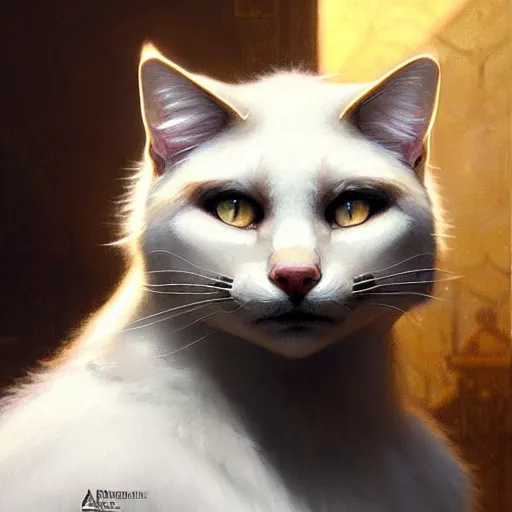 Image similar to portrait painting of a friendly tabaxi police officer, white fur, ultra realistic, concept art, intricate details, eerie, highly detailed, photorealistic, octane render, 8 k, unreal engine. art by artgerm and greg rutkowski and magali villeneuve and alphonse mucha