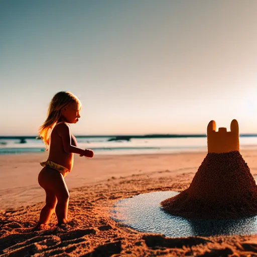 Image similar to little blond girl, making a sandcastle!!! on an Australian Beach, red!!! sand, golden hour, Canon EOS R3, f/1.4, ISO 200, 1/160s, 8K, RAW, unedited, symmetrical balance, in-frame