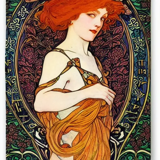 Prompt: redhead poster drawn by Verneuil, mucha, henri gillet, William Morris, John Henry Dearle, klimt