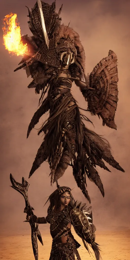 Image similar to full body of ancient shaman tribeswoman in battlerage, destroyed armor inspired by monster hunter, low shot, muscular body, symmetrical face, clean face, subtle make up, destruction around her, frozen time,dramatic lighting, cinematic, establishing shot, extremely high detail, photorealistic, 300 the movie,monster hunter the movie, dune the movie, cinematic lighting, artstation, octane render, western,old photo, vintage