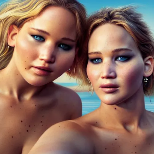 Prompt: beautiful serene intricate portrait of jennifer lawrence and jennifer lawrence taking a selfie, relaxing on the beach, golden hour, soft focus, 8 k, art by irakli nadar, hyperrealism, hyperdetailed, ultra realistic