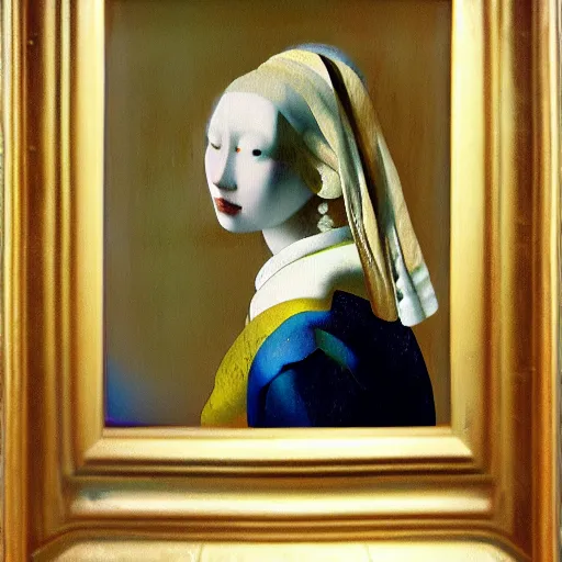 Image similar to painting of a beautiful woman with iridescent translucent hair, her eyes are closed, hair is floating, ethereal, by Johannes Vermeer