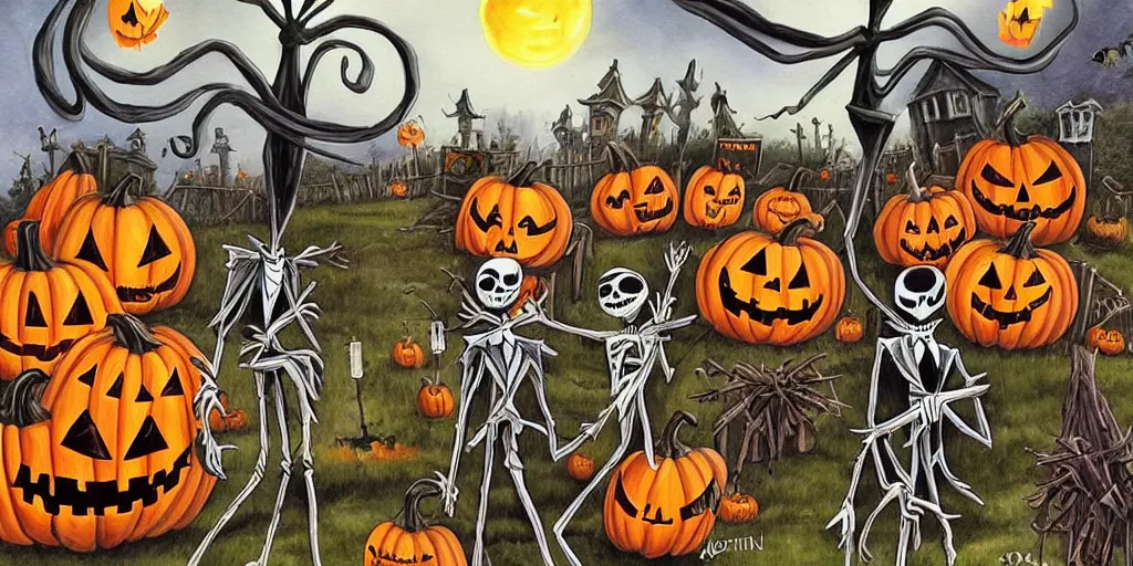 Image similar to a beautiful painting of a halloween town, pumpkin king town jack skellington, by the nightmare before christmas