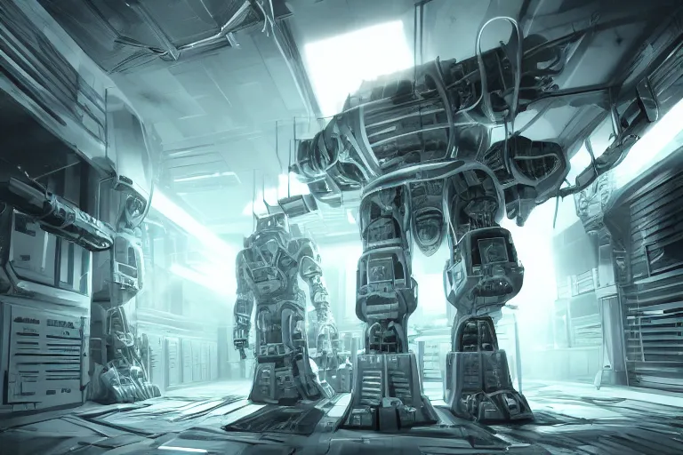 Prompt: parallax datacenter server room interior single mono colossus white rusty android robosaurus artstation cinematic detailed concept art volumetric light sharp coherent cgsociety symmetric perfect well balanced shadows lotr alien prometheus