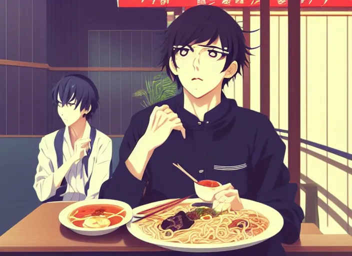 Image similar to anime visual, full body illustration a young man having lunch at a ramen stand, handsome face by ilya kuvshinov, yoshinari yoh, makoto shinkai, katsura masakazu, dynamic perspective pose, detailed facial features, kyoani, rounded eyes, crisp and sharp, cel shad, anime poster, ambient light,